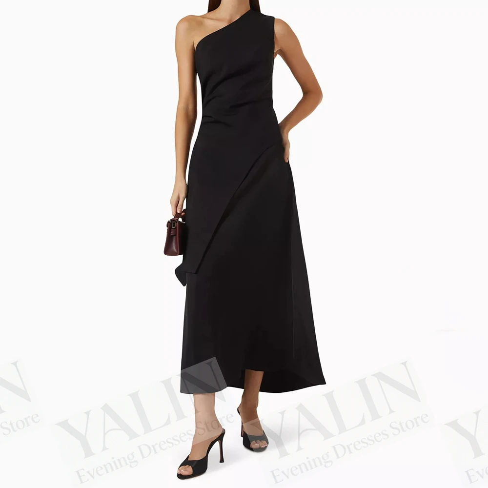 Women's A-line Evening Dresses Tea-length One-shoulder Sleeveless Prom Dresses Simple Fashion Draped Backless Customized Gowns