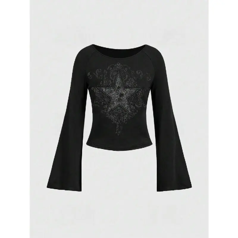 

Y2K Гранж Эмо узор Топ Осенняя женская футболка в стиле тысячелетия в готическом стиле с принтом звезд Свободная футболка с длинными рукавами