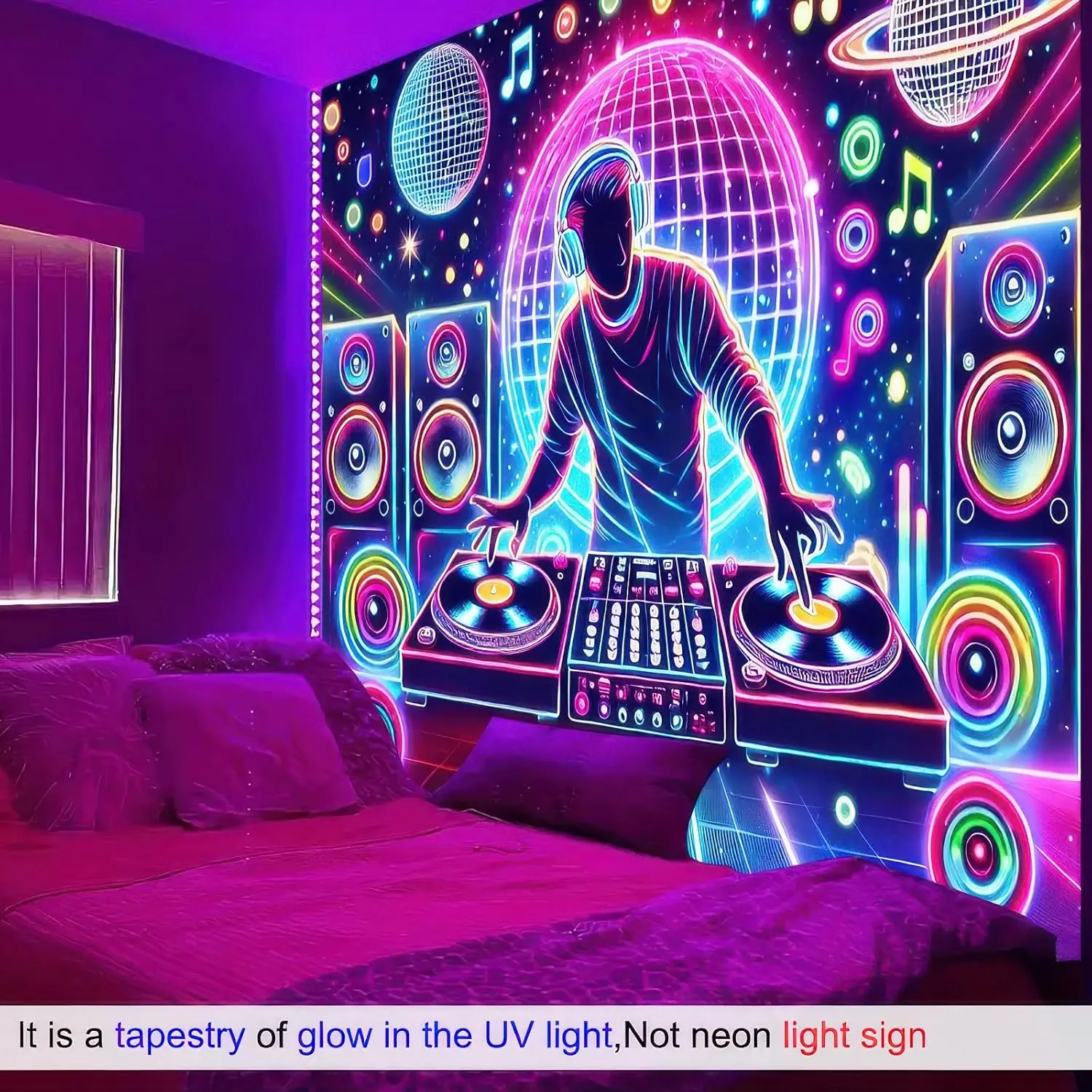 Retro Neon DJ Music Tapestry Wall Decor Disco Party Backdrop EDM Club Rave Festival Turntable Sleeper Wall Art Hanging Speaker N