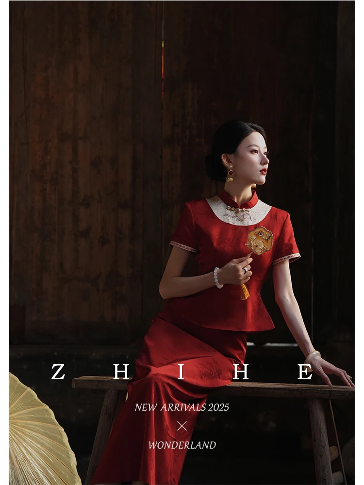 

Оригинальная шелковая юбка с вышивкой, топ с завязкой на талии, весенний комплект Faion ort Sve, застежка-молния, традиционный китайский сле