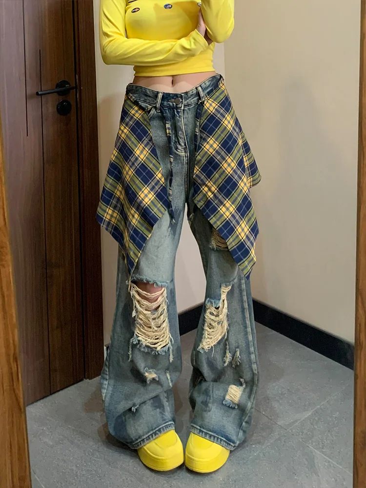 

Женские летние новые джинсы в американском стиле с эффектом потертости, с дырками, с высокой талией, свободного кроя, в пол, с эффектом загрязнения