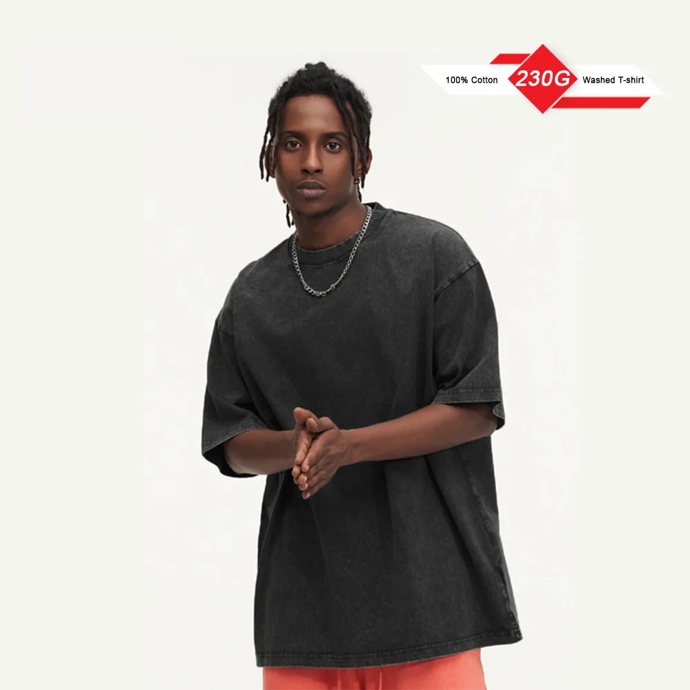 230G Cotton Retro T-shirt Drop-shoulder Sleeve Men Women Vintage Short-sleeve T Shirts Solid Color Hip Hop Loose Tees image 6