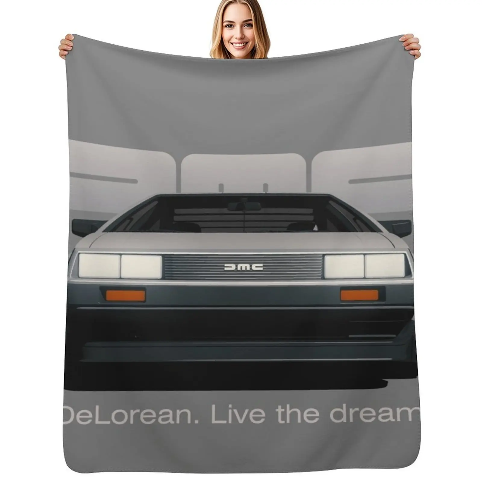 DeLorean DMC-12 мультфильм ретро стиль вид спереди автомобиля со слоганом пледы одеяло пушистые плюшевые одеяла