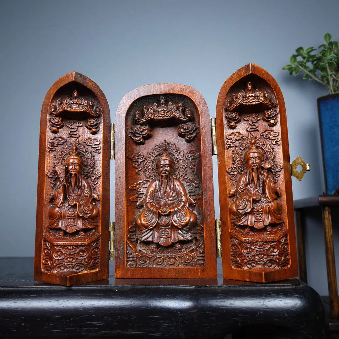 Hand Carved Boxwood Three Section Box with Fu Lu Shou Motifs Traditional Decorative Collectible for Study and Cabinet Display