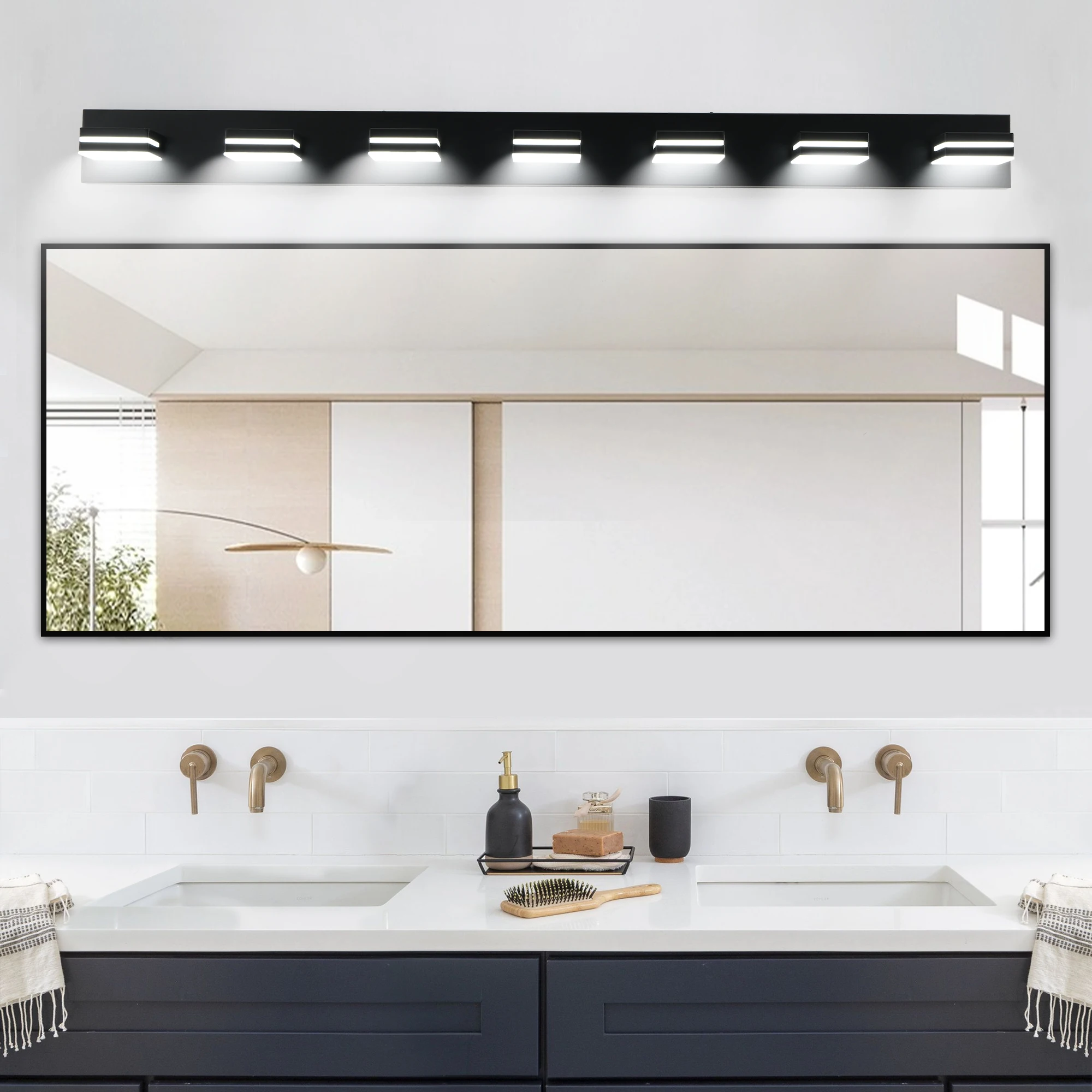 Modern Black LED Vanity Light, 7-Lights Wall Sconce for Bathroom and Mirror, Sleek Minimalist Design, Energy-Efficient