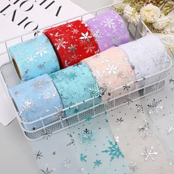 25yards 6cm Flash Printing Silver Snowflake Tulle Ribbon Roll Handmade Hairpin Bow Birthday Party Decoration DIY Process