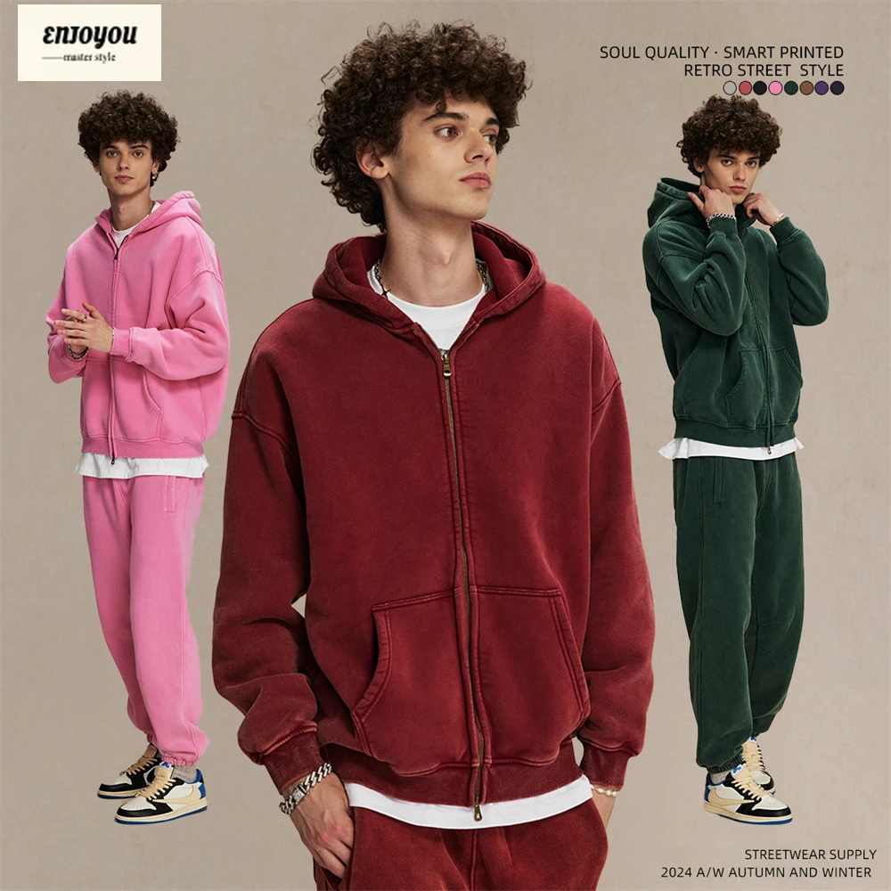

ENJOYOU модные зимние толстовки из стираного флиса в стиле батик для мужчин и женщин, унисекс, свободные толстые теплые свитер с капюшоном на молнии 360 г/м2, пальто HY071