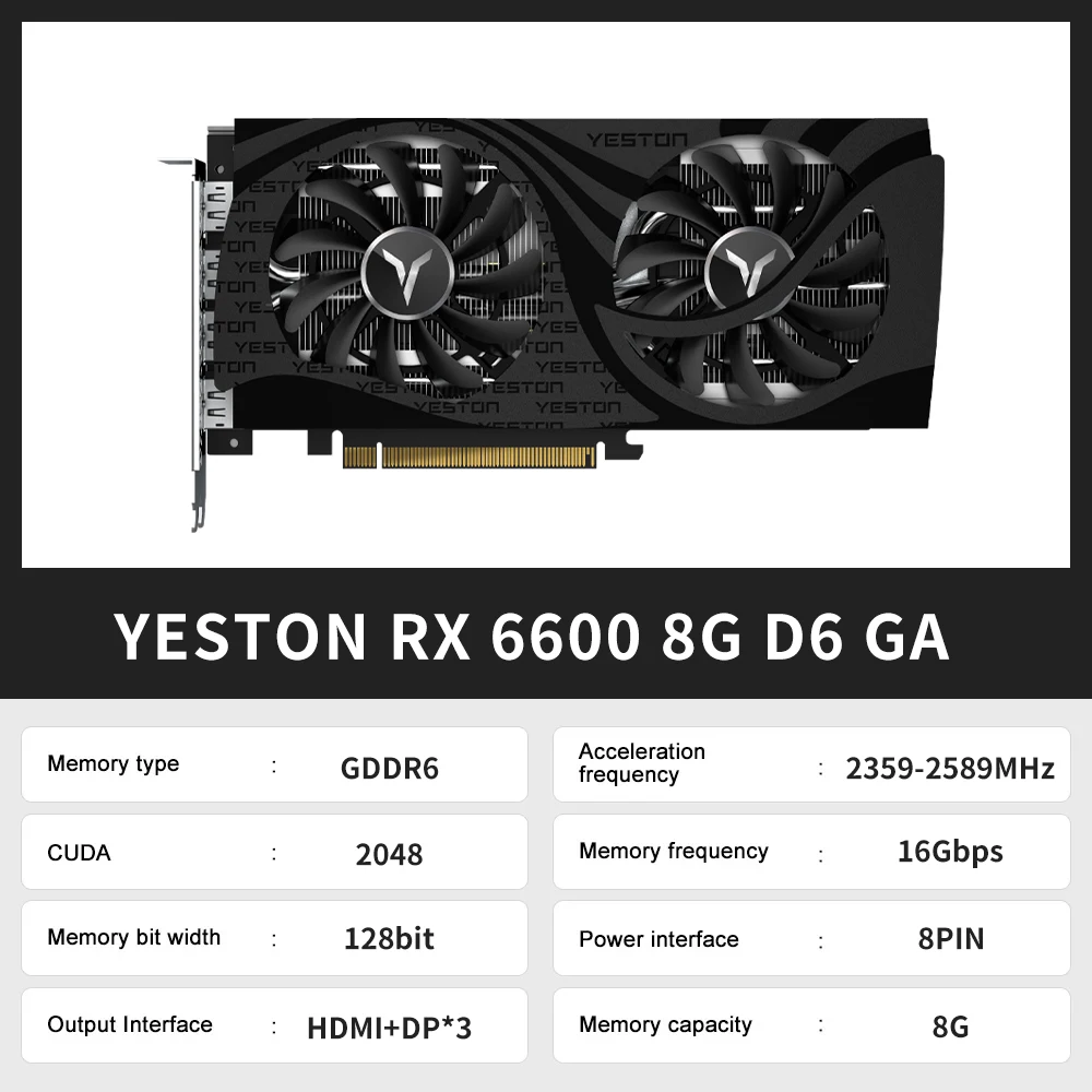 Yeston RX 6600 8G D6 RX6600 Graphics Card Gaming GDDR6 NVIDIA 7NM 8G 128Bit 8Pin Video Card placa de video