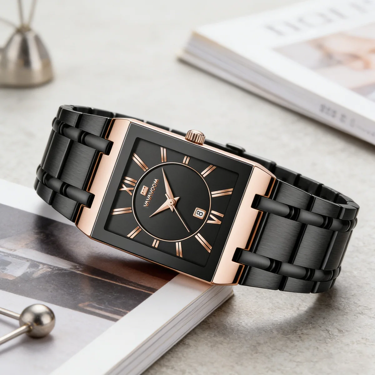 Square Men Watch 41mm Rose Gold Ring Stainless Steel Black Clock Quartz Movement Business Meeting Daily Waterproof Watch for Men - view 3
