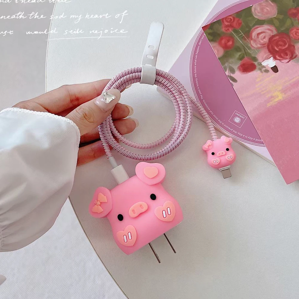 3D Cartoon Pig Silicone Charging Cable Protector Case Cover For iPhone 11 13 14 15 16 Pro Max Charger Head Protection Winder Kit