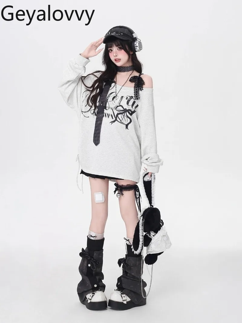 Sweat-shirt à manches longues pour femmes, polyvalent, avec lettres imprimées, doux, épaules dénudées, ample, décontracté, printemps automne