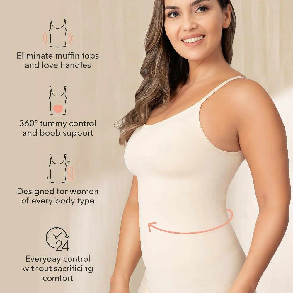 Seamless Body Shaper Cami Tank Top, Women Scoop Neck Tummy Control Camisole, Stretch Slimming Layering Tops for All Day