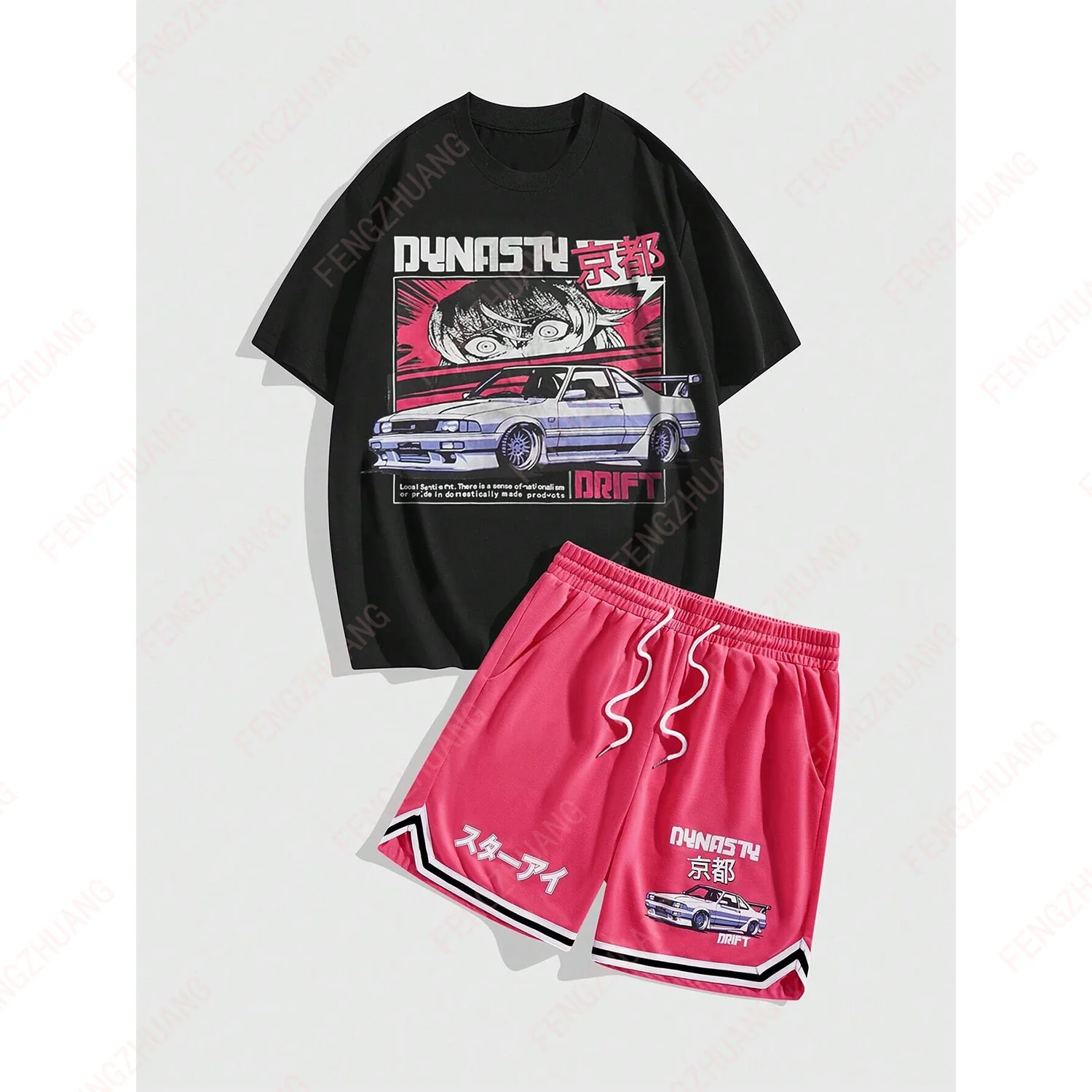 

Anime Men Car & Letter Graphic Tee & Striped Trim set Shorts Casual Loose With Drawstring Waist Shorts Daily Wear Set