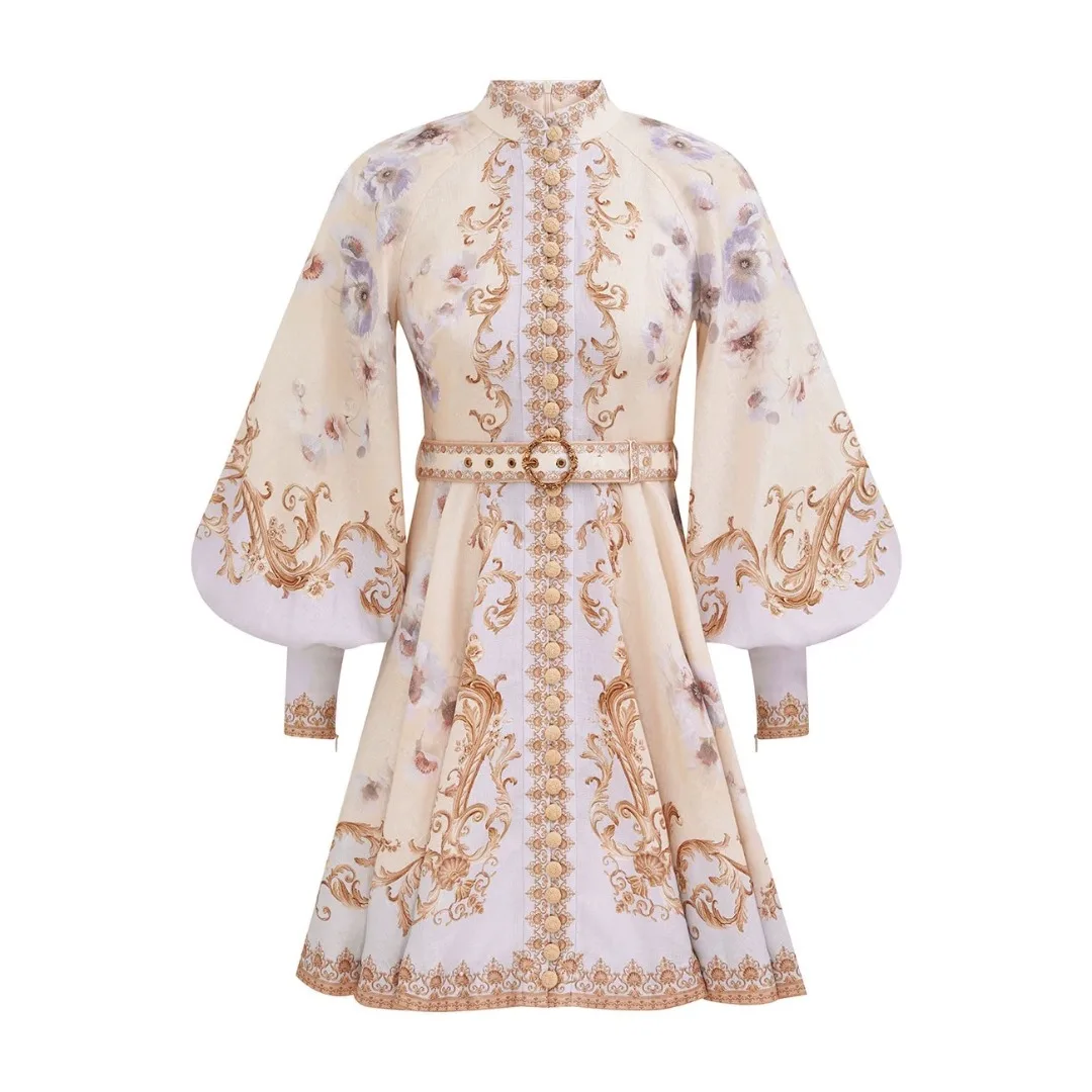 Beige blauwe bloemenprint mini-jurk met lange mouwen voor dames