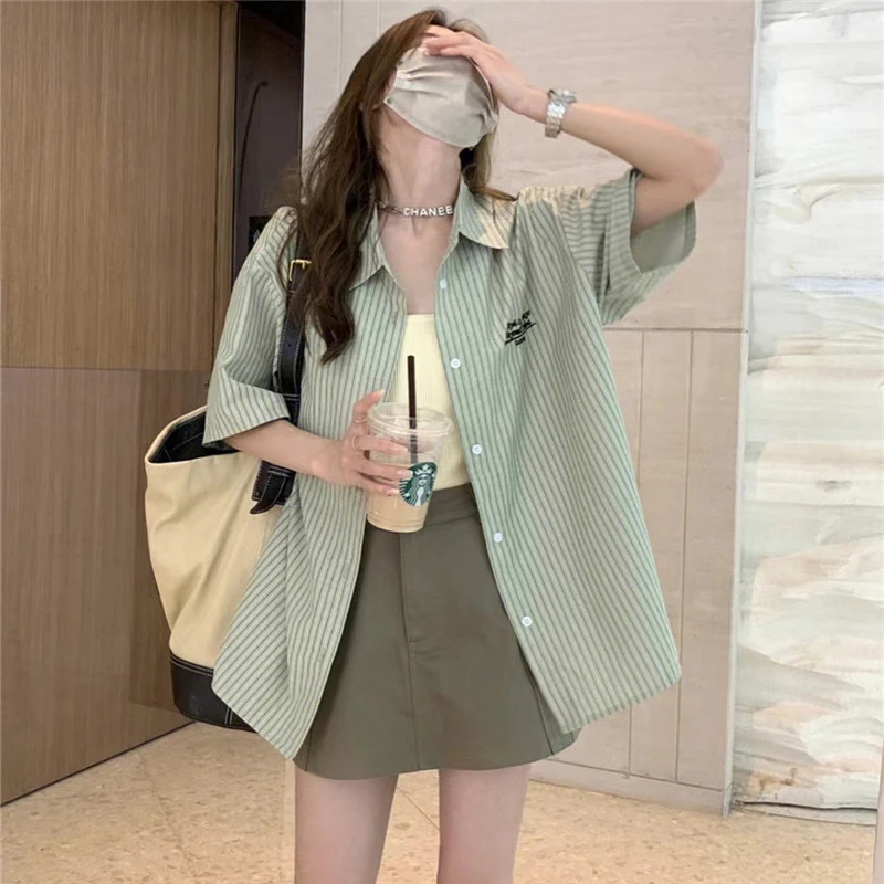Retro Striped ort Sve irt Loose Casual Women's Design Summer Top UV Protection Chinese Sle  Collar Button Closure