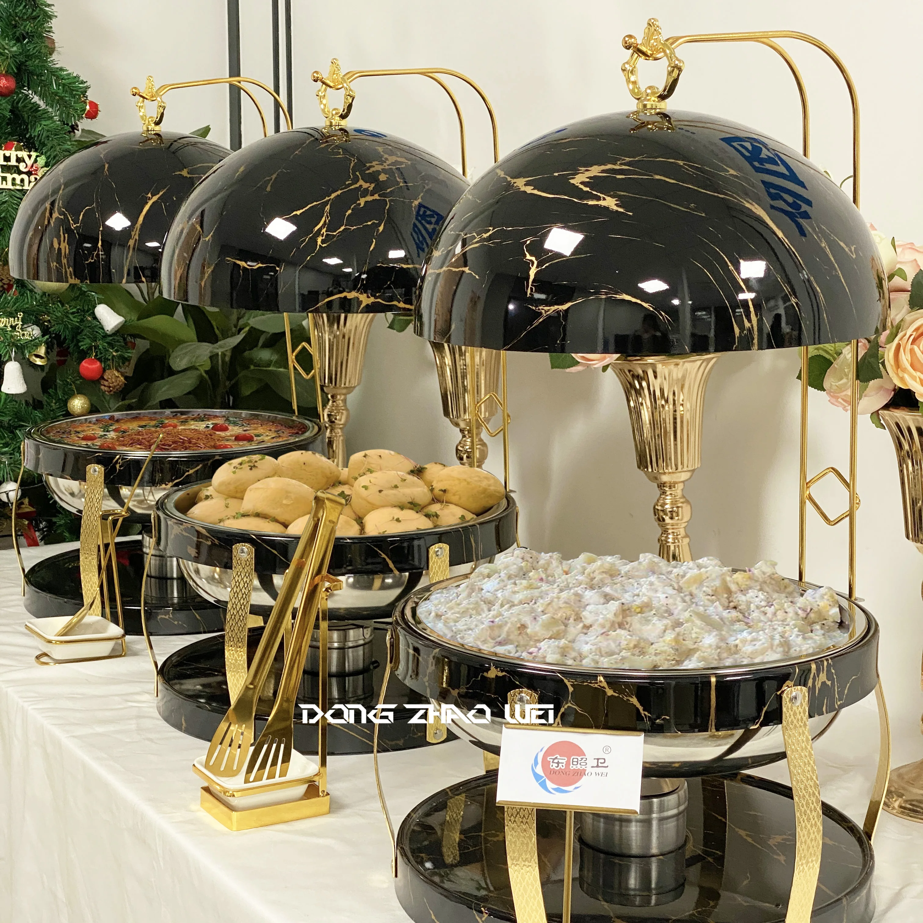 Calentador de alimentos dorado y negro para boda en Hotel, platos de rifa, Chafer de Metal, plato de frotamiento para fiesta de restaurante, juego de Buffet para Catering