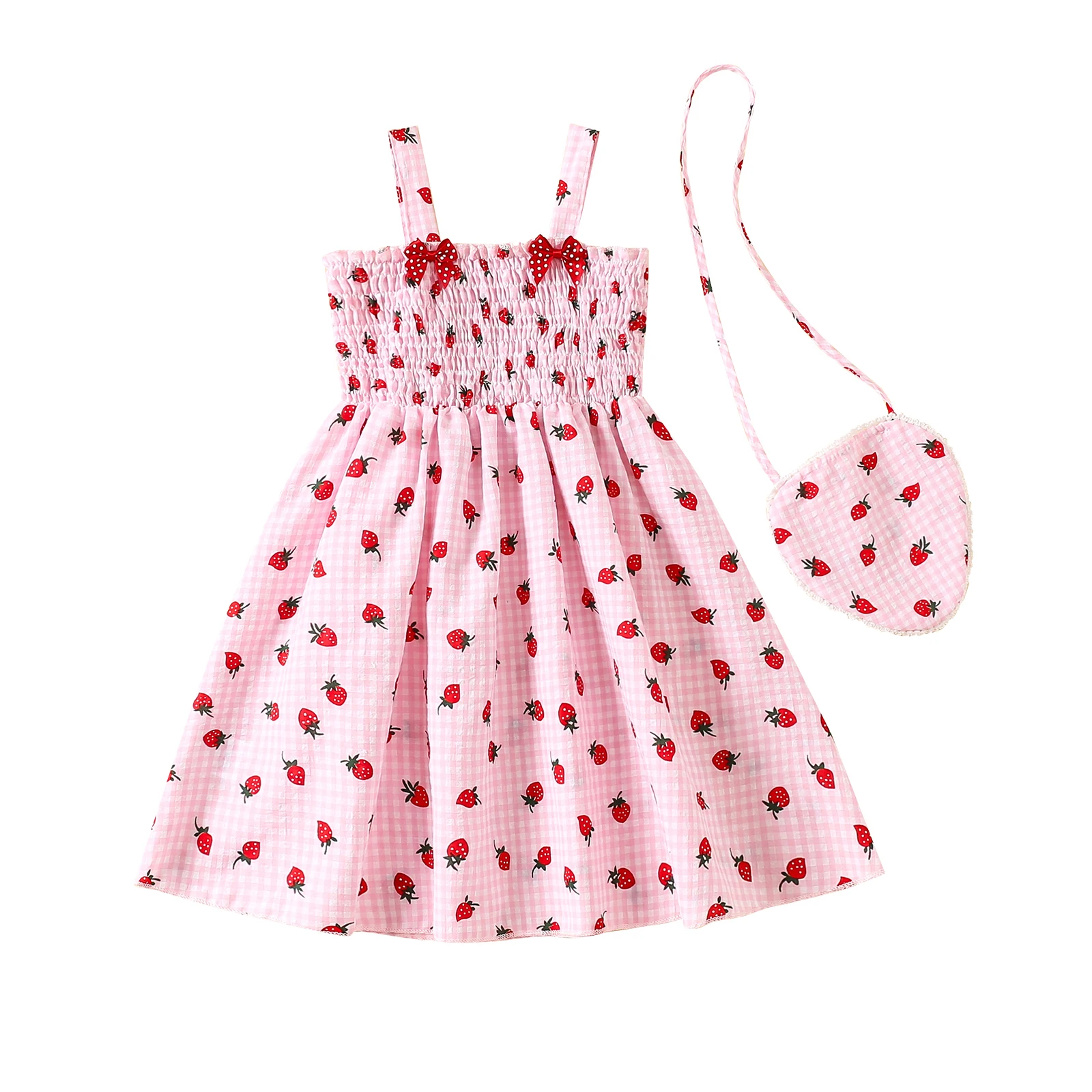 2-7Y Kids Girls Dress Plaid Strawberry Print Sleeveless Casual Dress Toddler Fashion Princess Summer Dress with Bag