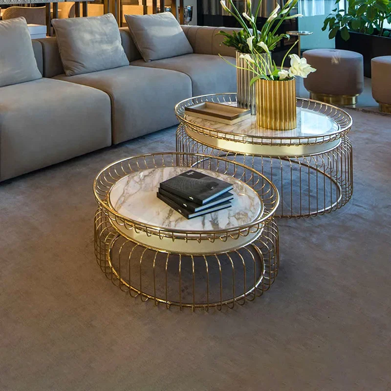 Postmodern light luxury marble coffee table combination household modern high-end golden stainless steel