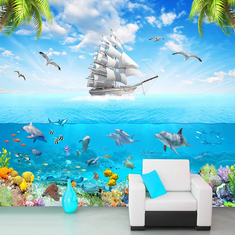 Custom Photo Wallpaper Sailing Dolphin 3D Underwater World Cartoon Picture Living Room Children Bedroom Decoration Wall Mural