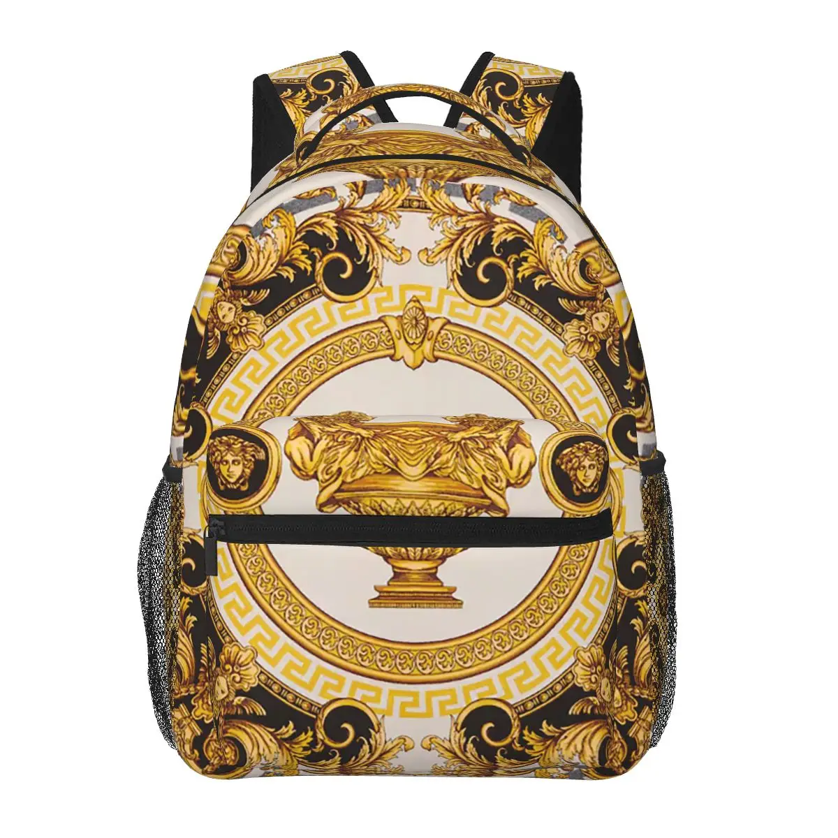Decorative Golden Medallion Baroque Student Backpack School Bag Hiking Travel Daypack for Men Women Bookbag Shoulder Bags