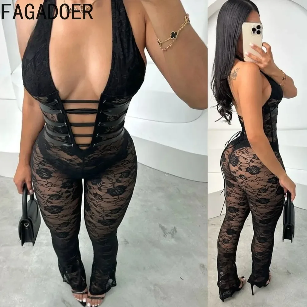 FAGADOER Sexy Lace Bodycon Jumpsuit Women Mesh Deep V Bandage Patchwork One Pieces Overalls Hot Girl Y2k Streetwear Clothing new