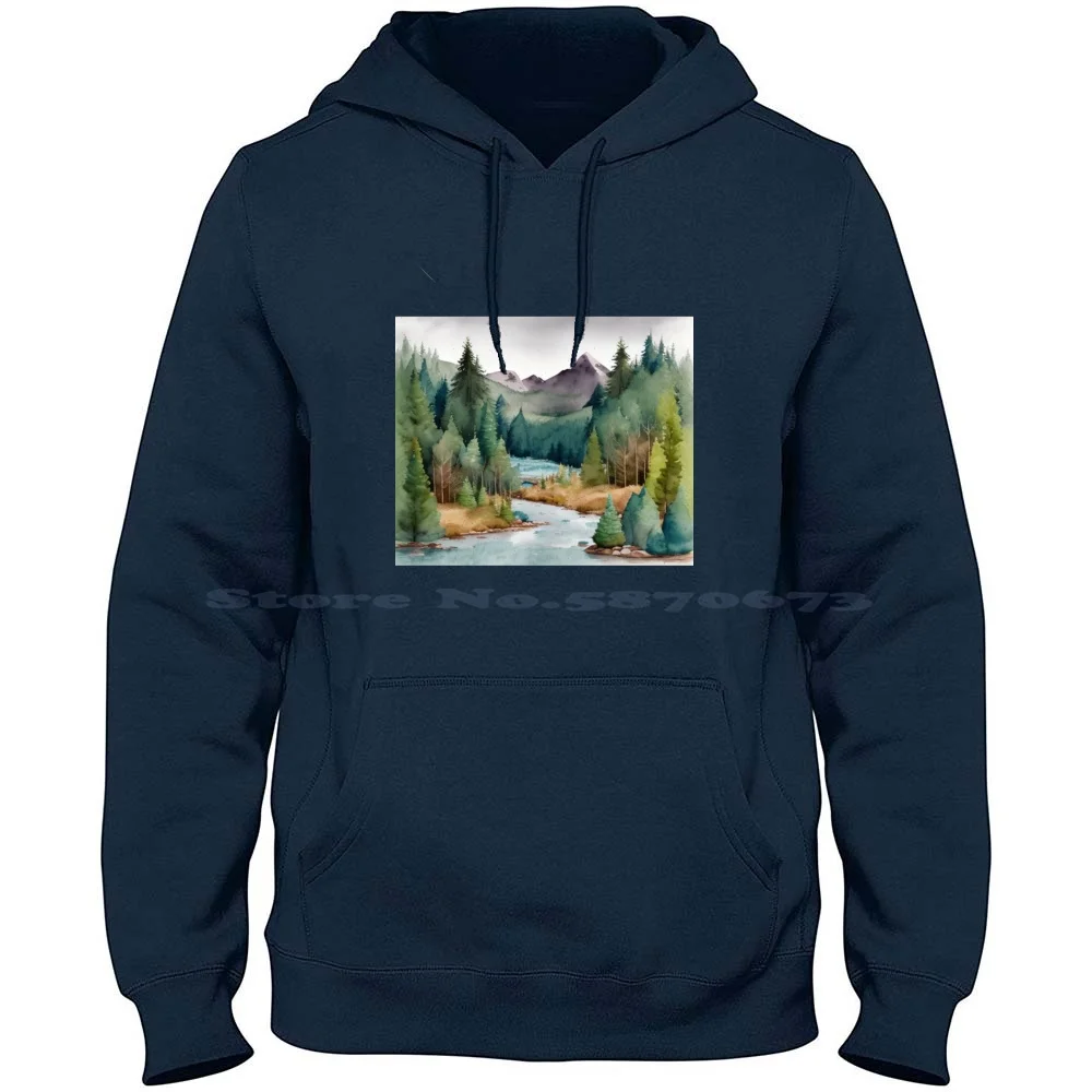 Creekside Happiness 100% Cotton Hoodie T Shirt Creek Stream Mountains Mountain Range Watercolor Summer Vacation Peaceful