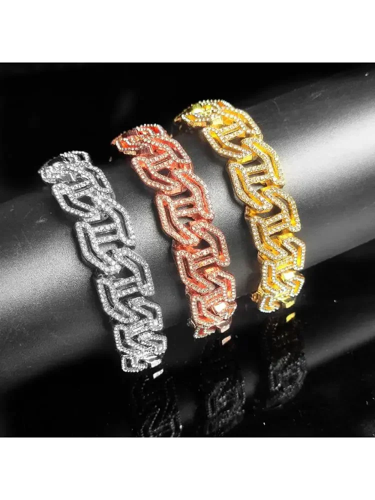 New 16mm Zircon Rhinstones Geometric Cuban Chain Ice Out Bling Rose Gold Silver Color Big Heavy Hip Hop Jewelry