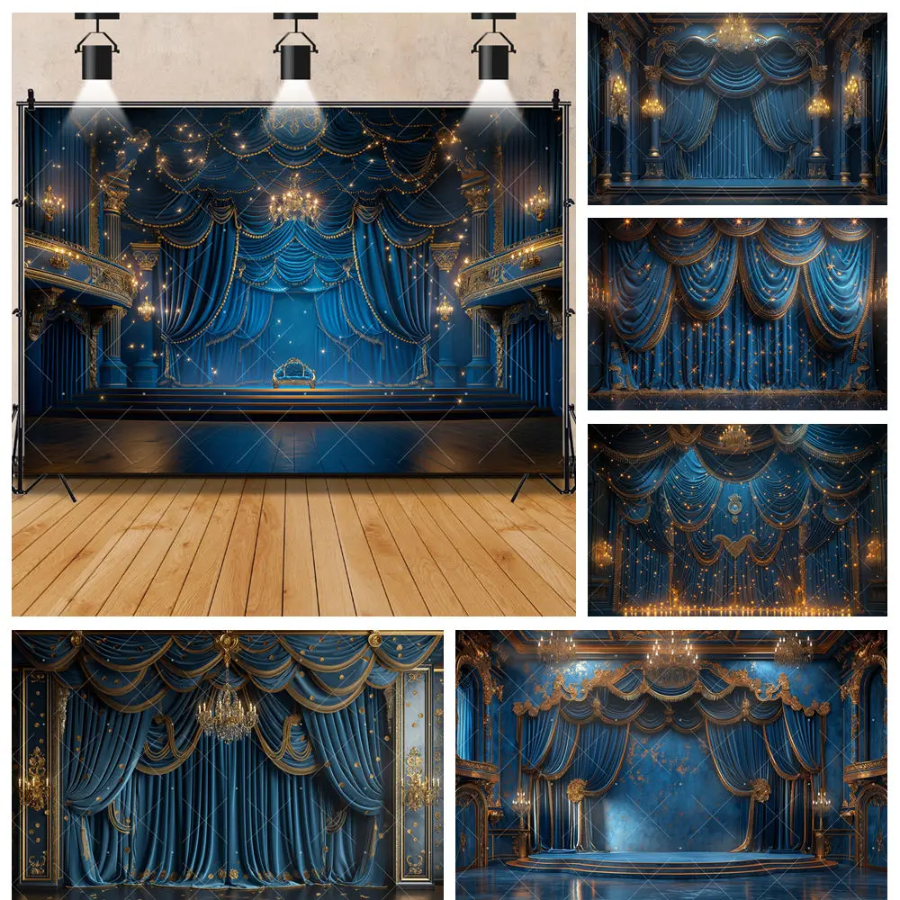 

Royal Blue lLuxury Theater Chandelier Stage Kid Girl Birthday Party Backdrop Custom BabyRoom Decor Photography Studio Background