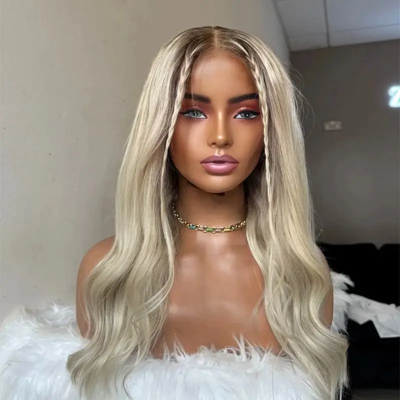 탑 글루리스 가발 13x4 옴브레 플래티넘 브라운 하이라이트 합성 레이스 프론트 가발 (자연스러운 밀도, 내열성 섬유, 26인치)