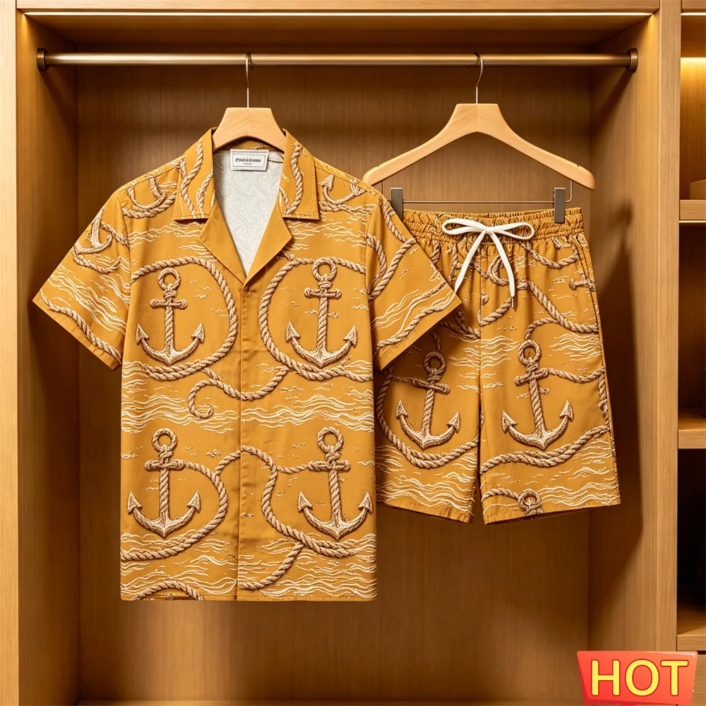 Men's 2 Piece Hawaiian Set Nautical Anchor Print Shirt Shorts Summer Beach Casual Outfit Retro 2 Piece Set Men's Y2k Clothing view 6