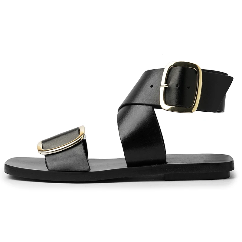 Drestrive 2023 Fashion Beach Casual Shoes Buckle Flat Heel Cow Split Leather Square Toe Summer Women Sandals