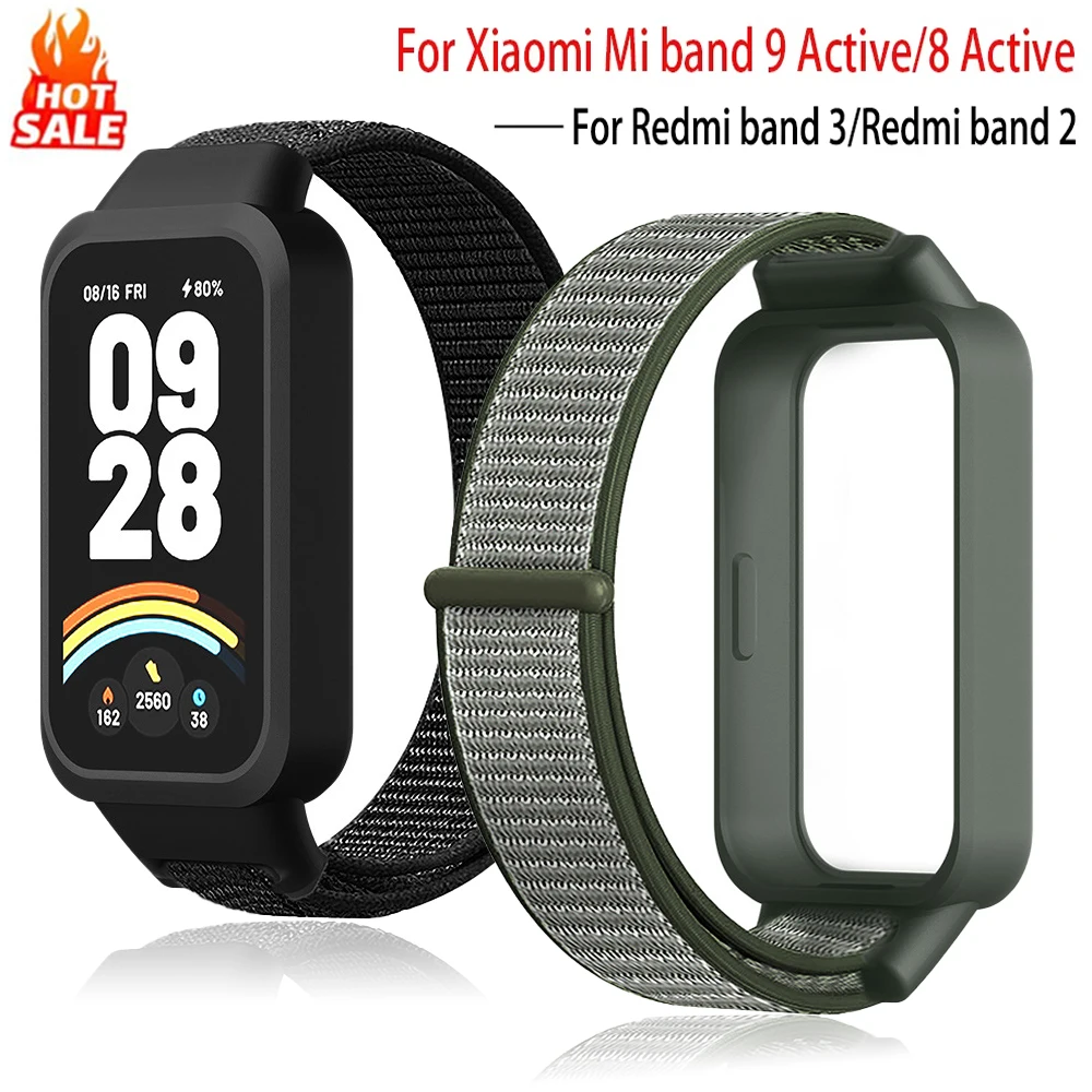 Nylon Strap+Case for Xiaomi Smart Mi Band 9 Active/8 Active Accessories Bracelet +Protective Bumper Shell Correa Redmi Band 3 2