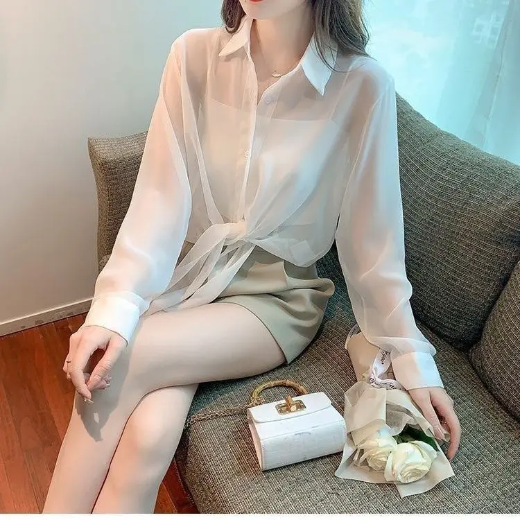 Thin Chiffon Shirt Women\'s Lace Up Cardigan 2024 Summer Outfit New Long Sleeve Sun Protection Shirt Air Plus Size Top Women