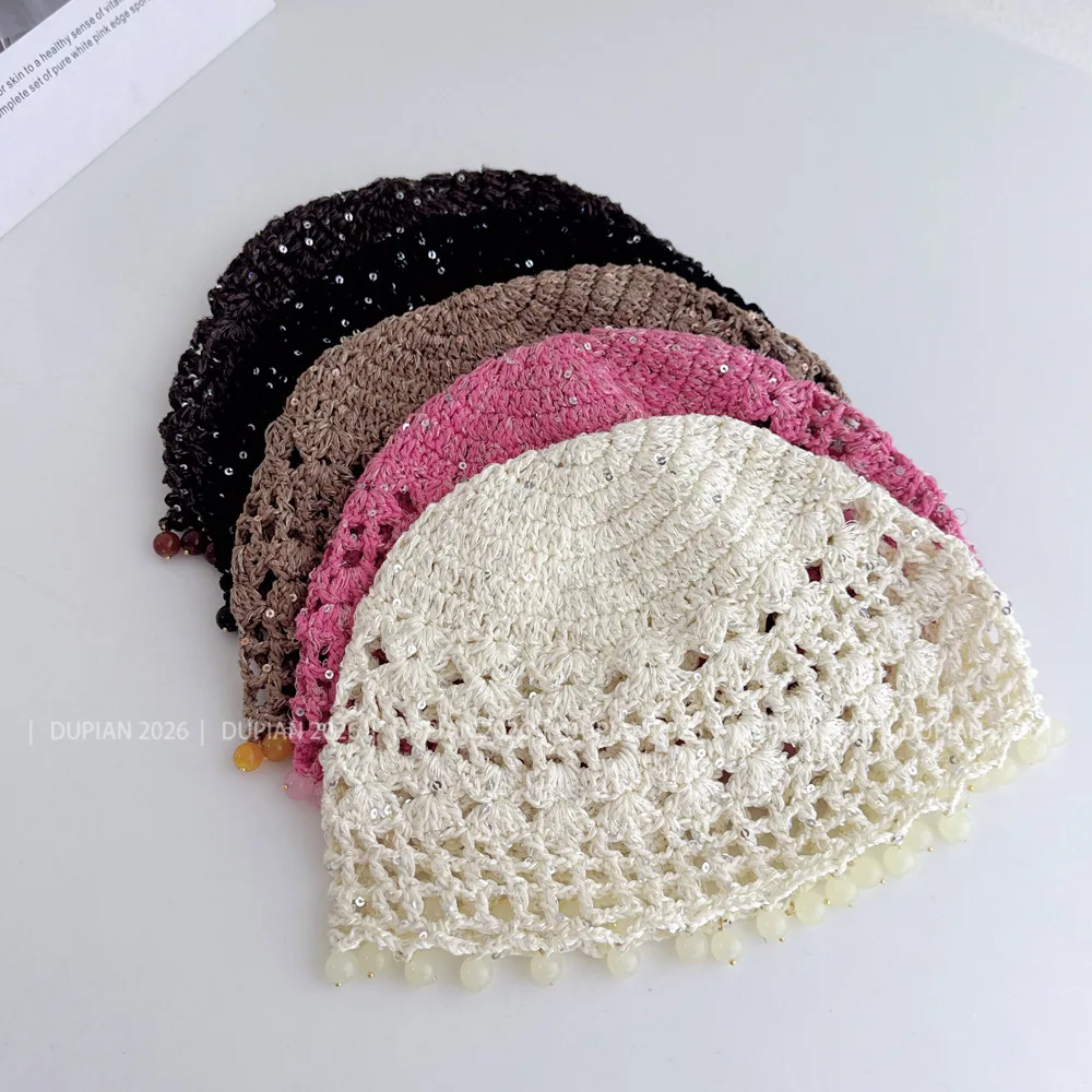 Retro Handmade Hollow Out Knitted Hat Women Summer Breathable Beanie with Beads Sequins Tassel Niche Stylish Head Wrap Cap