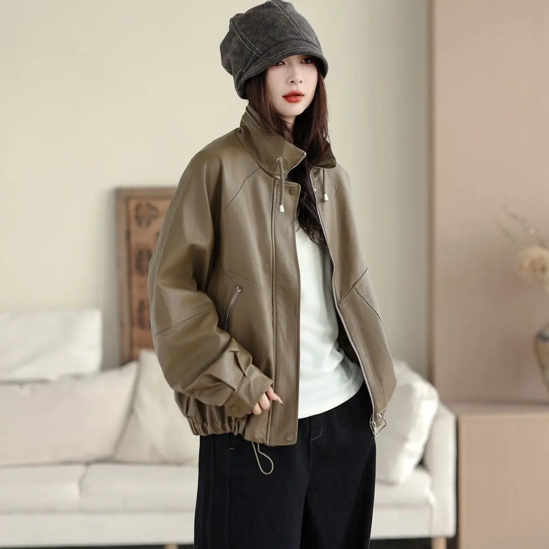 Spring and Autumn Women's Leather Jacket Commuter Windproof Stand Up Collar PU Leather Jacket