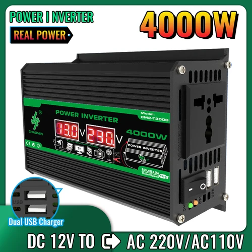 Inversor portátil para coche de 300W/4000W CC de 12V a CA 110V/220V puertos USB/CA duales para acampar y electrodomésticos al aire libre sin batería incluida