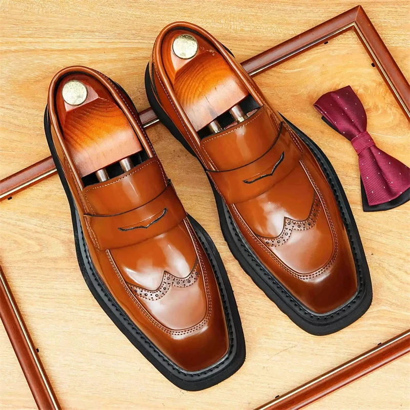 

Slip On Leather Dress Loafers Men's Cow Leather Platform Formal Dress Brogue Square Toe Daily Business Wedding Footwear Handmade