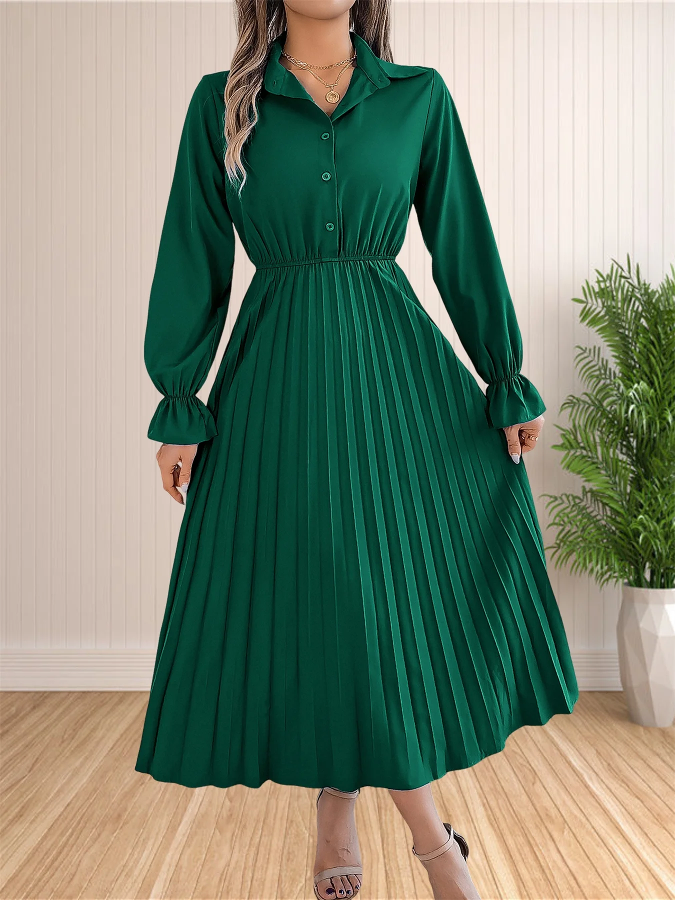 Women Casual Solid Color Turn-Down Collar Long Dresses Button Flare Sleeves Hundred Pleats Dress