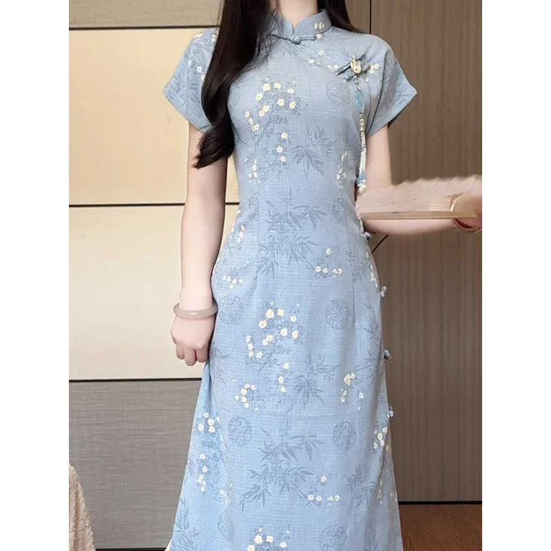 فستان تشيباو بأكمام قصيرة باللون الأزرق القديم للفتيات الصغيرات أنيق على الطراز الصيني للصيف وصل حديثًا ملابس للاستخدام الخاص من البر الرئيسي في الصين