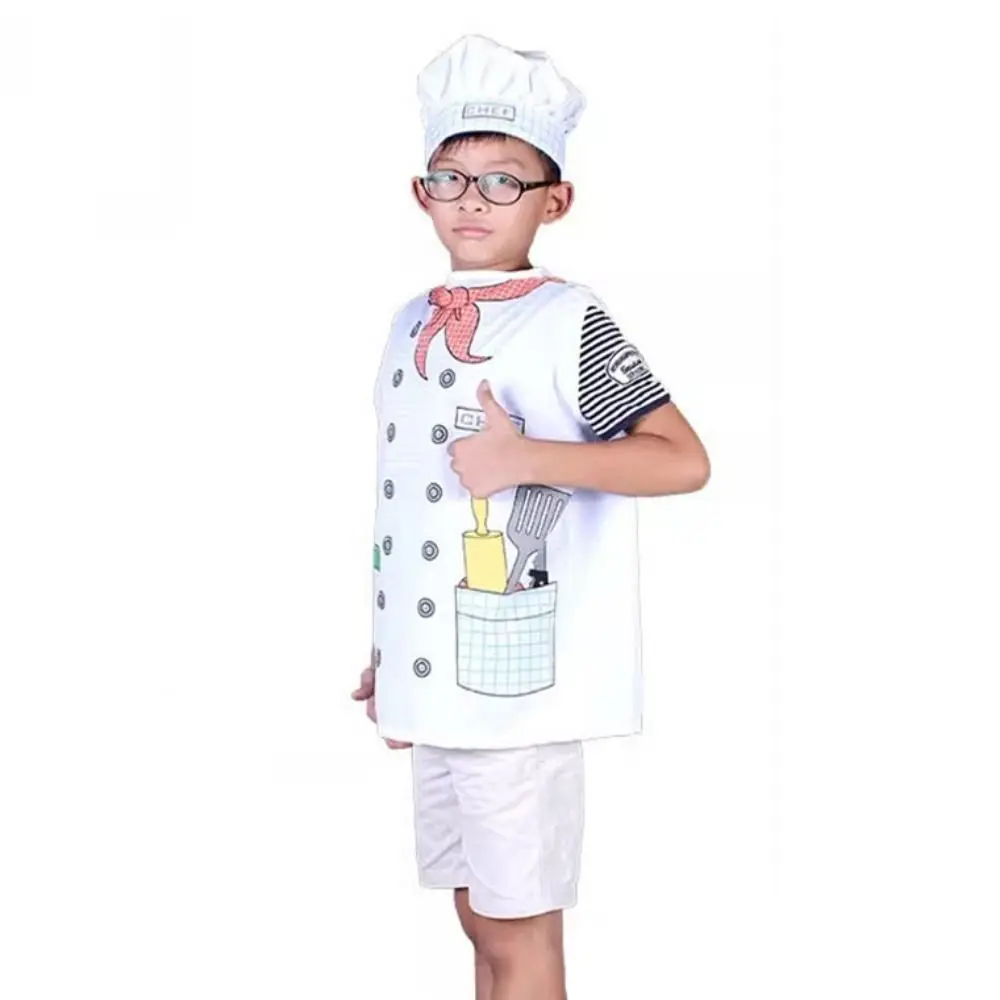 Cartoon Pattern Kids Toy Chef Uniform with Cap White Kids Cooking Toy Clothes Role Play Cosplay Kitchen Playing House Toy