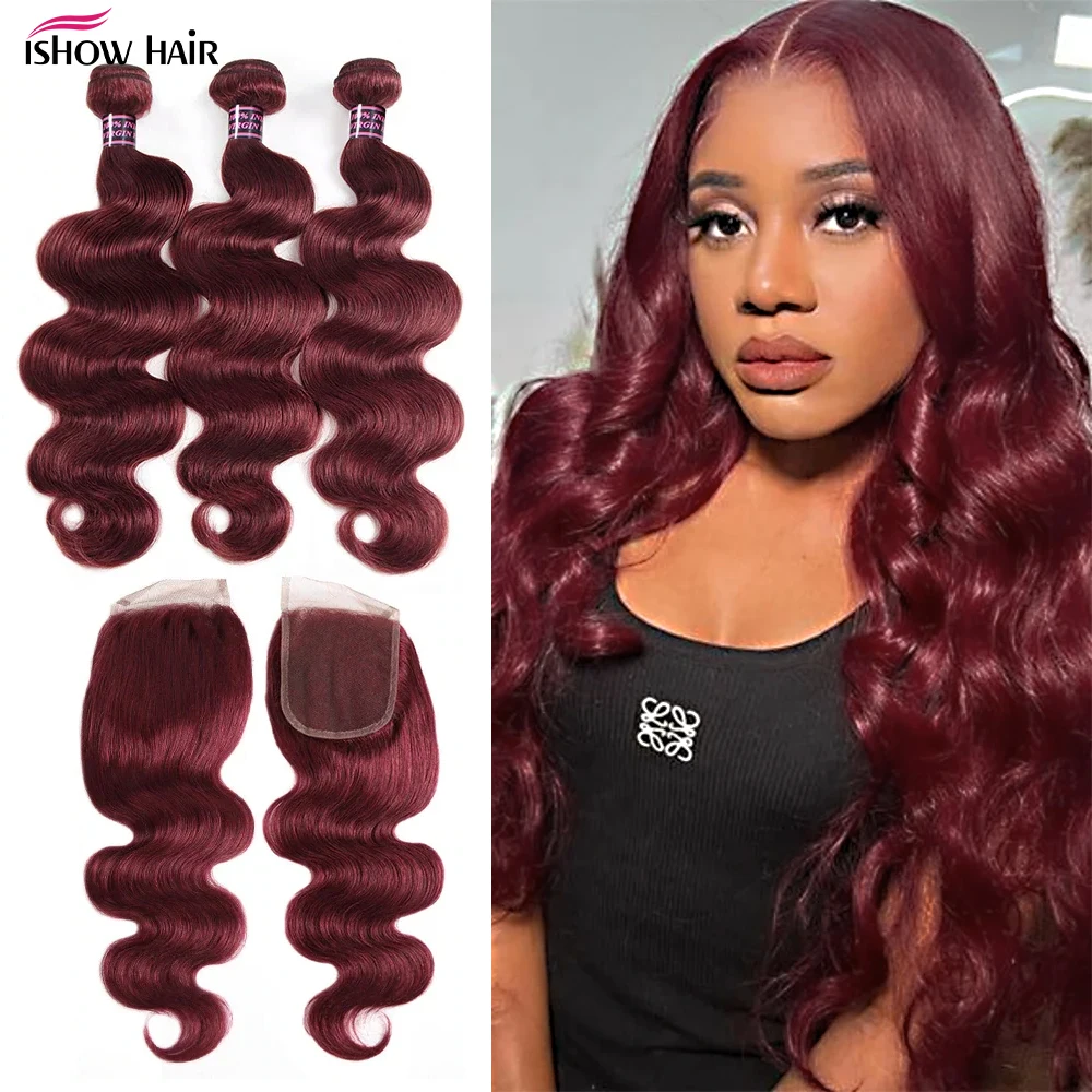 

5x5 Lace Closure With 99J Burgundy Bundles Brazilian Body Wave Bundles With 4x4 Lace Closure Red Colored Remy Hair Extensions