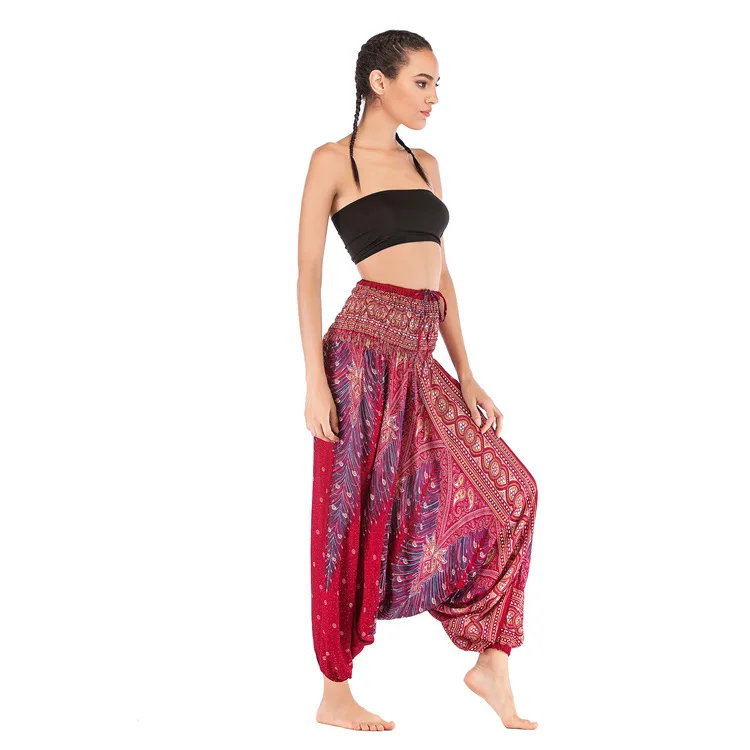 Spodnie Boho Damskie Pantalones Mujer Hippie Wysoki Stan Rayon Harem Baggy Boho Yoga Odzież Plażowa Pour Femme Calca Feminina Wzorzyste