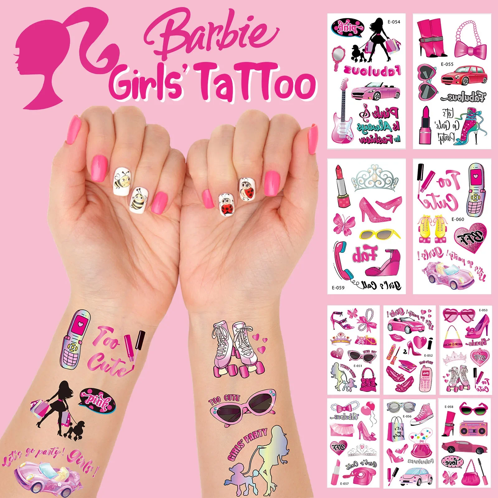 Anime 10pcs Barbie Pink Girl Waterproof Tattoo Sticker Girls Cartoon Party Decoration Kids Makeup Face Patch Set Cosplay Prop