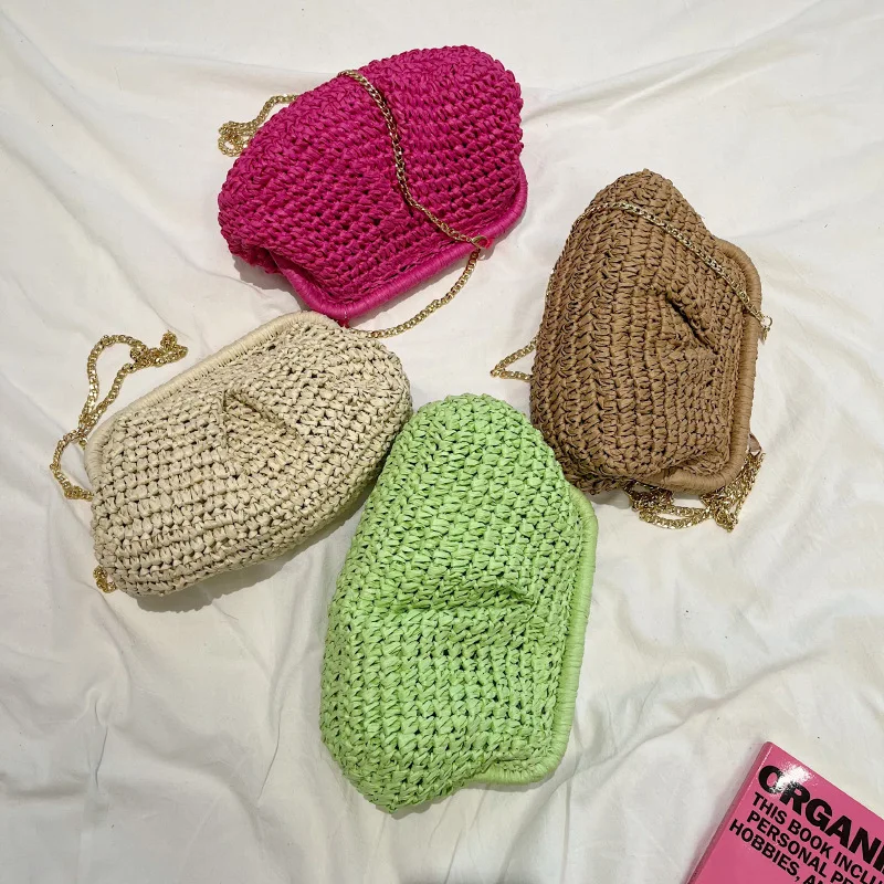 Raffia Crochet straw clutch bag women handmade summer beach woven handbag khaki natrual green rose 2023 new