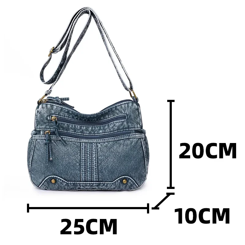 Female Medium Handbag Imitation Denim Blue Washable Leather Ladys Shoulder Bag Multi Pocket Women Work Wear Style Crossbody Bags