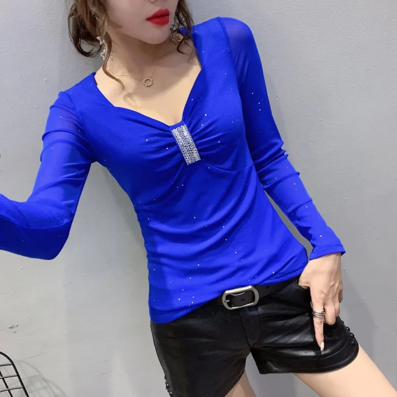 #7929 Black Blue Red Hollow Out Spliced Lace Basic T-shirt Women Sexy V Neck Diamonds Long Sleeve T Shirts Slim Stretch Mesh Top