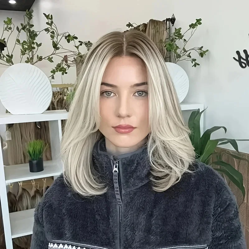 Platinum Ash Blonde Balayage Synthetic Wig with HD Lace Front Medium Wave Glueless Preplucked Cosplay Party Hair