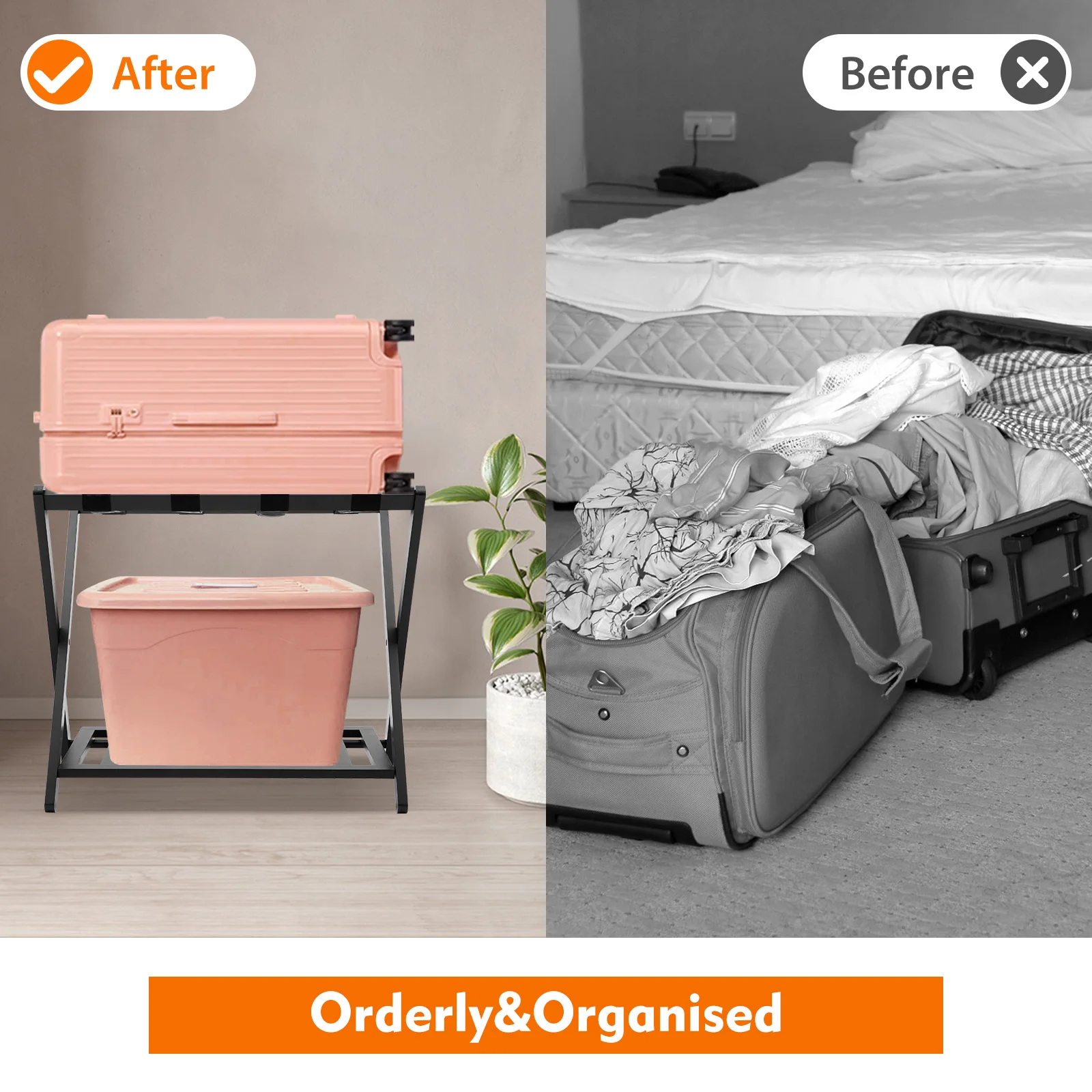 حامل حقيبة قابل للطي من طبقتين للضيوف، رف أمتعة من الخيزران الأسود مع رف تخزين، يحمل ما يصل إلى 220 رطل، لغرفة النوم والفندق #6