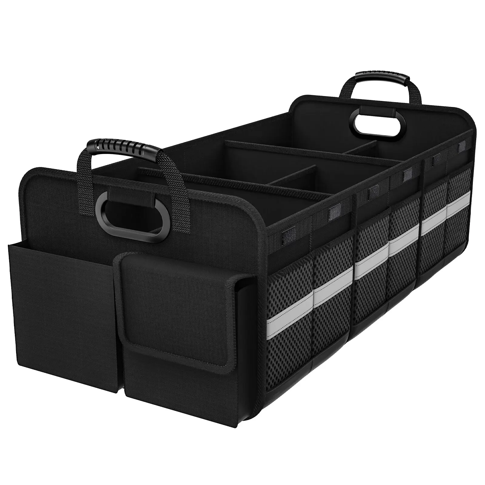 Omeve Collapsible Storage Box, 6 Compartment, Multi Pockets, Non Slip Velcro Strips, 2 Adjustable Securing Straps, Black