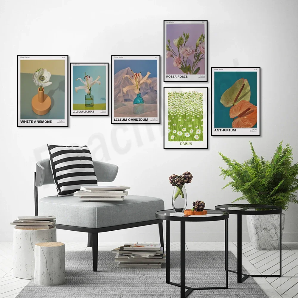Delicate floral poster with daisies, white anemone, pink rose flower meadow, lily, anthurium print, spring art wall decoration image 4
